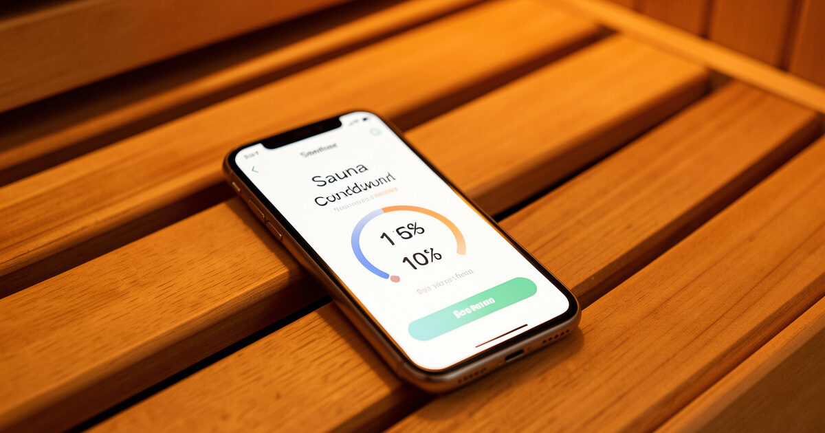 Simple sauna countdown timer app on a phone resting on a sauna bench