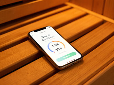 Simple sauna countdown timer app on a phone resting on a sauna bench