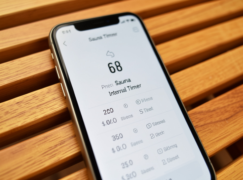 Smartphone showing a simple sauna countdown timer resting on a wooden sauna bench