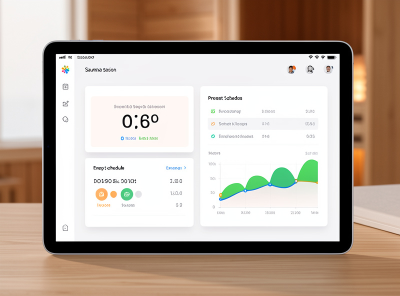 Smart-home dashboard showing a sauna session timer alongside preheat and energy data