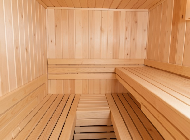 Interior of a finished infrared sauna lined in pale hemlock tongue-and-groove