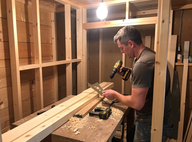 Carpenter squaring a sauna wall frame with a speed square and cordless drill