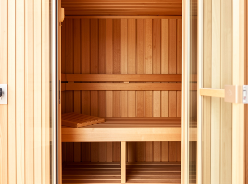 A used 2-person infrared sauna cabin set up in a home corner with the glass door open showing a two-seat bench