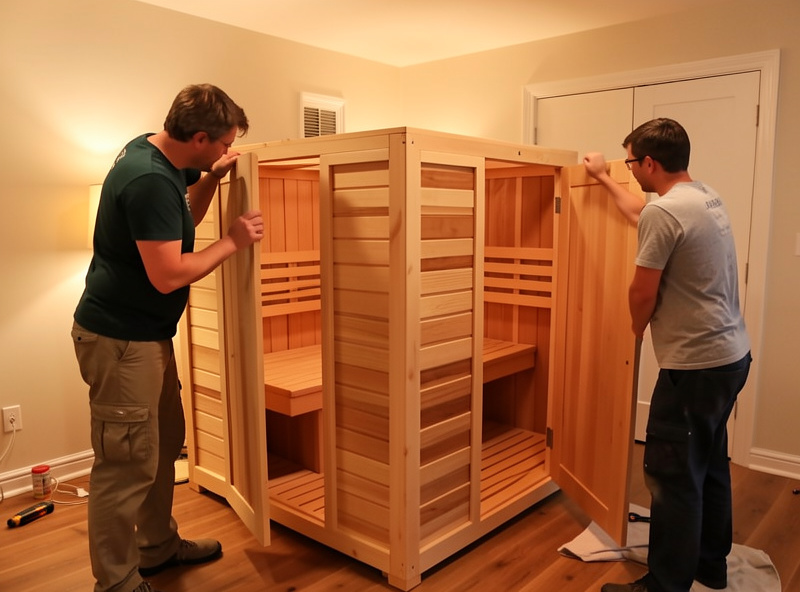 Two people reassembling the panels of a used 2-person infrared sauna in a home room