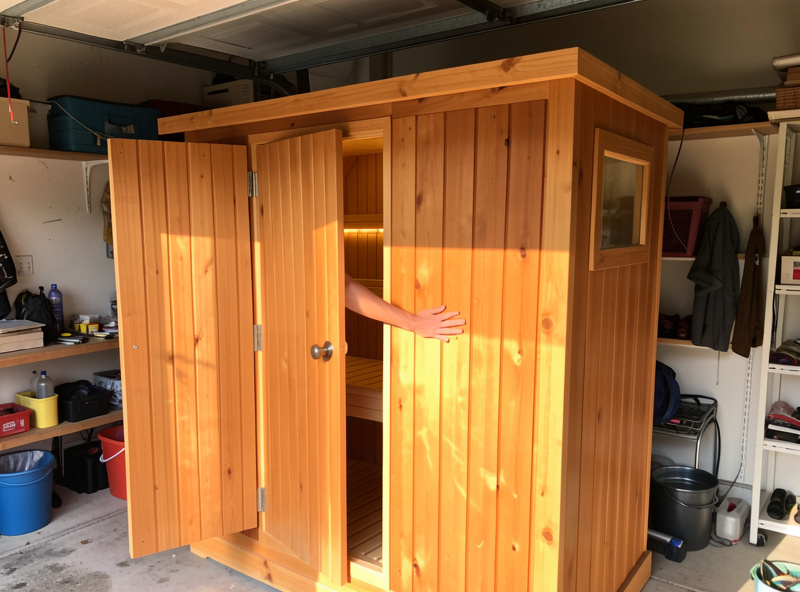 A pre-owned 2-person hemlock infrared sauna cabin set up in a home garage being inspected before purchase