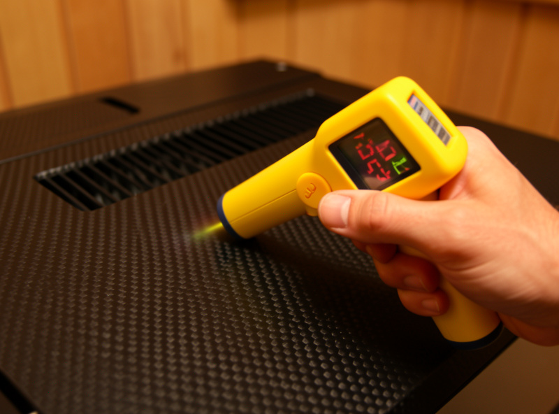 Close-up of a hand and infrared thermometer checking an infrared sauna heater panel surface temperature