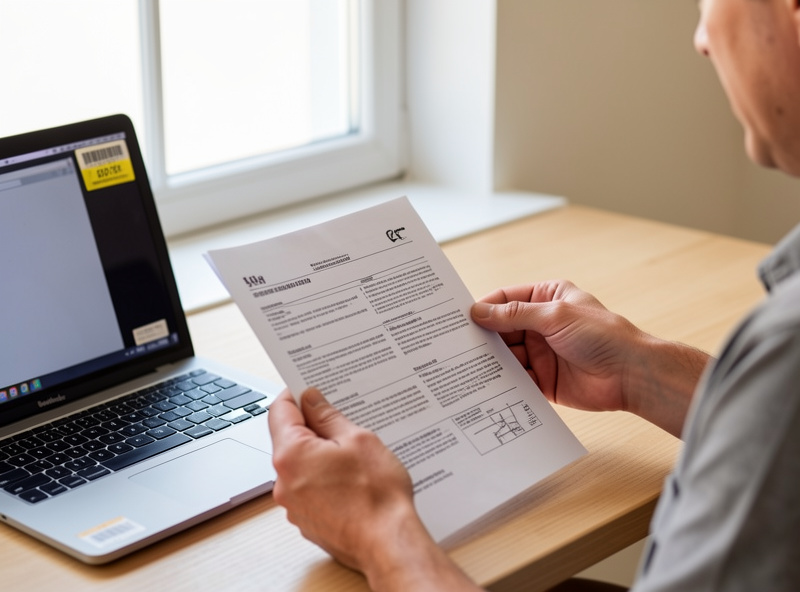 Person reviewing an infrared sauna manufacturer warranty document and serial number sticker on a used cabin