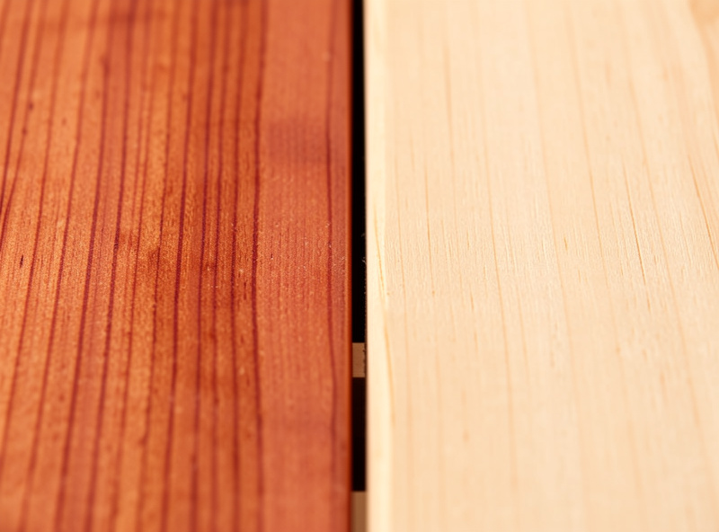 Reddish western red cedar board next to a pale tan Canadian hemlock board on a workbench
