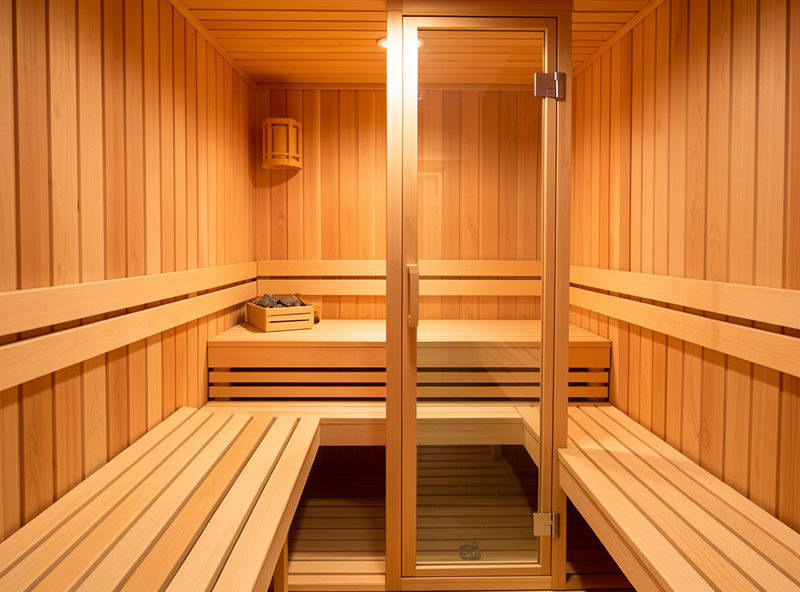 Interior of a Canadian hemlock infrared sauna with smooth pale benches and a glass door