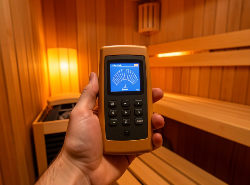 A TriField EMF meter held at the bench seat inside an infrared sauna cabin showing a magnetic field reading