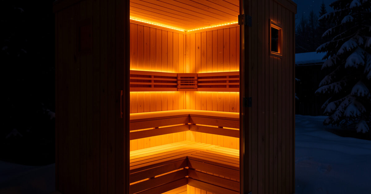 Infrared sauna interior lit with warm amber chromotherapy light