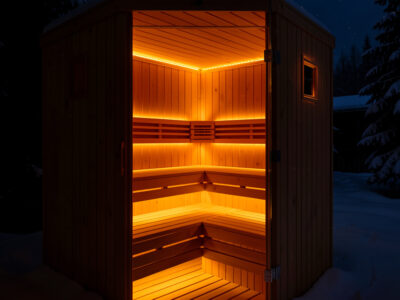 Infrared sauna interior lit with warm amber chromotherapy light