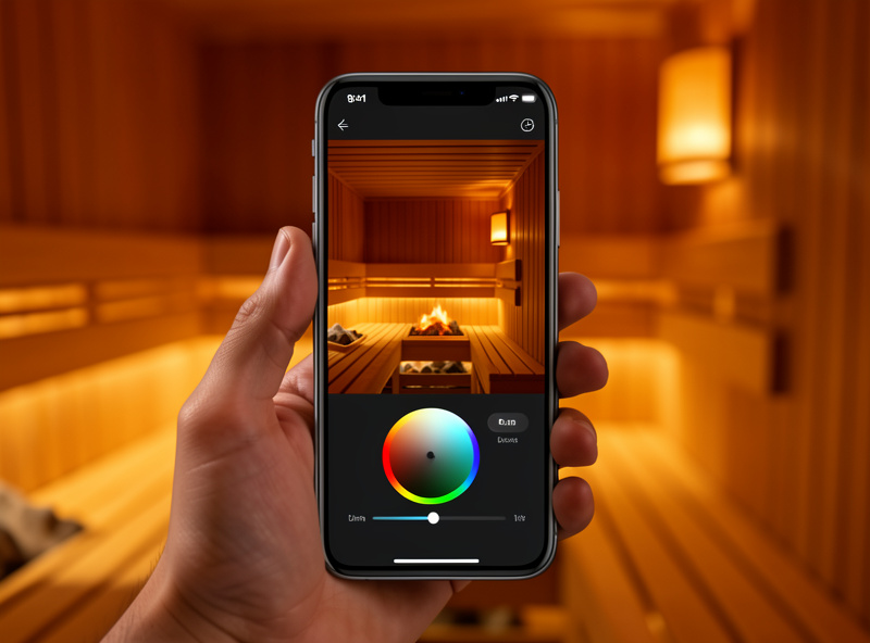 Phone app showing a sauna lighting scene with color and dimming controls
