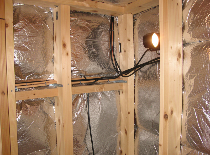 Foil-faced insulation stapled into closet stud bays with low-EMF cable run