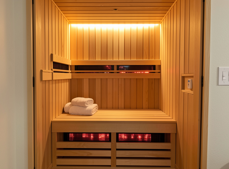 Finished closet infrared sauna with a single hemlock bench and carbon panels