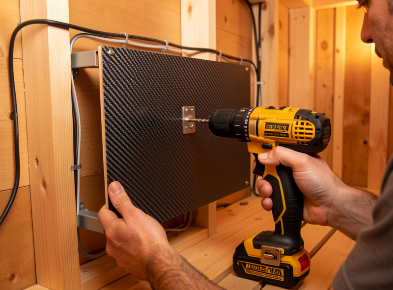 Hands mounting a carbon-fiber infrared heater panel onto a wooden sauna wall stud
