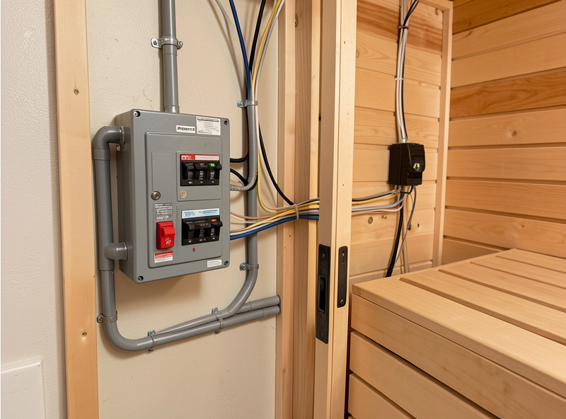 Dedicated GFCI breaker panel and conduit feeding a home infrared sauna circuit