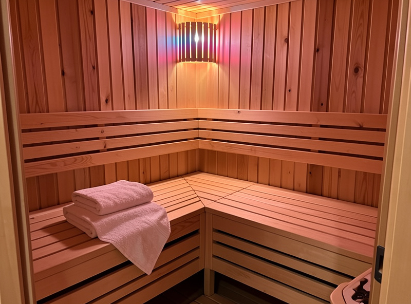 Finished compact two-person DIY infrared sauna interior with hemlock bench