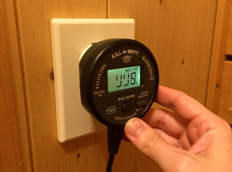 A plug-in kill-a-watt energy meter on a home sauna outlet showing a wattage reading