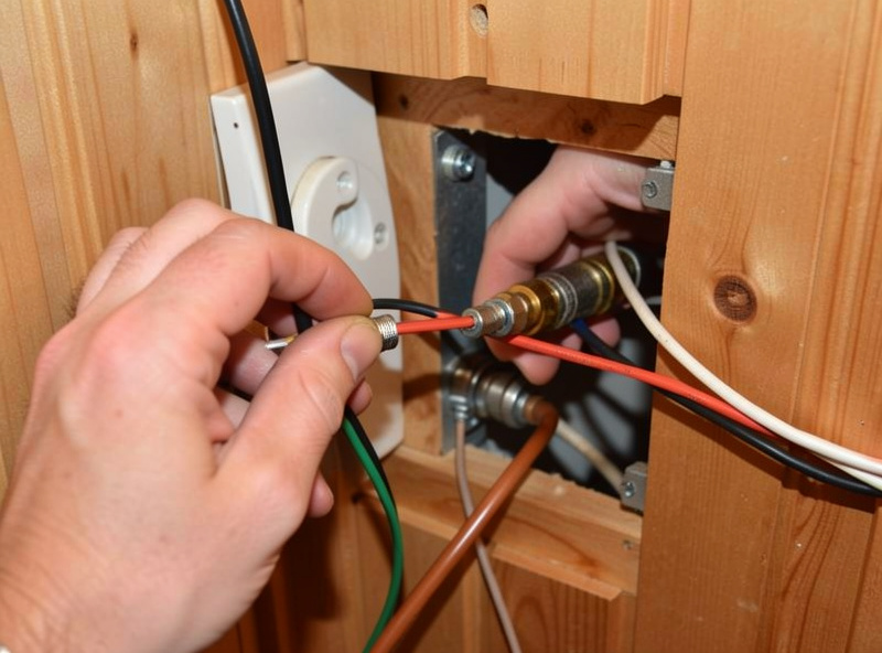 Hands connecting infrared heater panel wiring with a grounding lead inside a sauna wall cavity