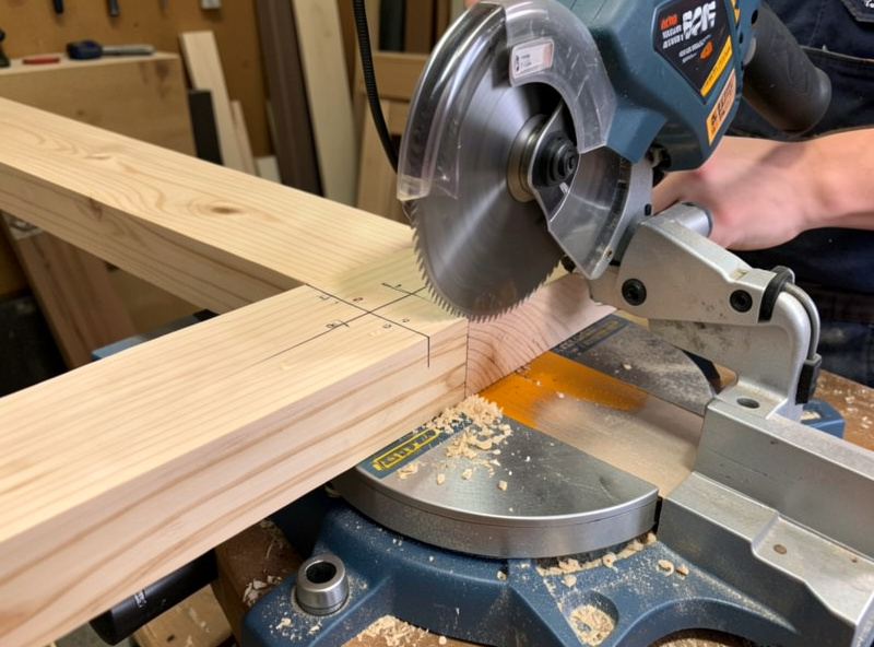 Cutting hemlock sauna bench slats to length on a miter saw