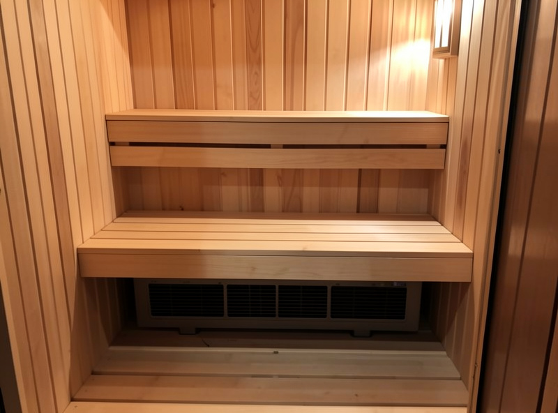 Installed two-tier hemlock sauna bench with gap below for the under-bench heater panel