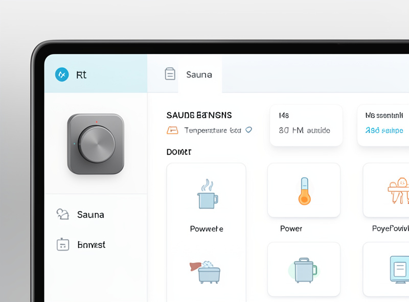 Home Assistant dashboard on a tablet showing sauna switch, temperature, and energy entities