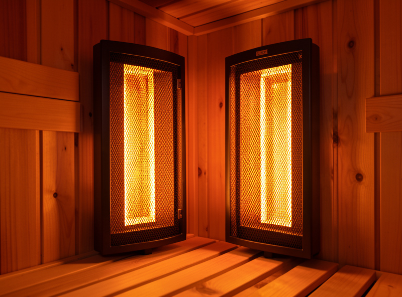 Interior of a low-EMF far-infrared sauna cabin with carbon panels and a digital control display