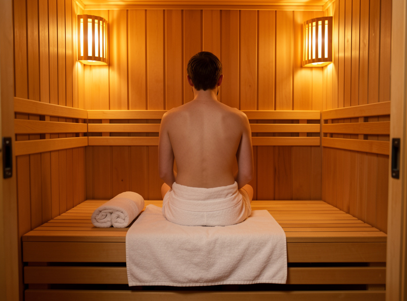 Person sitting back against the rear panel of an infrared sauna in a relaxed upright posture