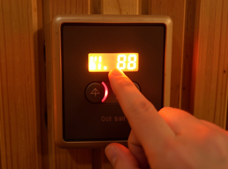 An infrared sauna cabin running on a cold start with the control panel showing a high set temperature