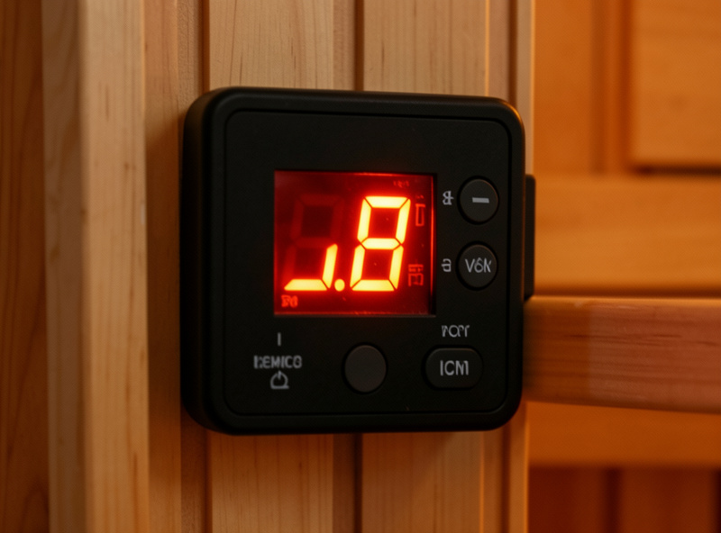 Close-up of an infrared sauna digital controller displaying cabin temperature during a heater test