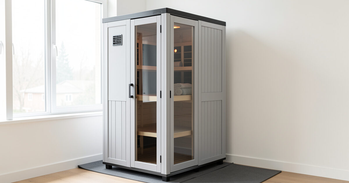 Portable infrared sauna in a rented apartment on a protective mat near a window