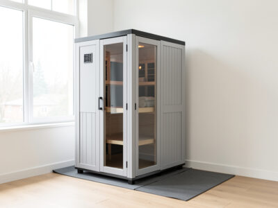 Portable infrared sauna in a rented apartment on a protective mat near a window