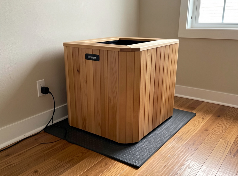 A portable infrared sauna plugged into a wall socket in a rented apartment with a protective mat under it on a wood floor
