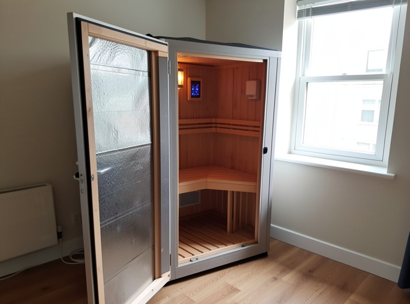 A folding portable infrared sauna set up beside a window in a small rented apartment, door open to dry the interior