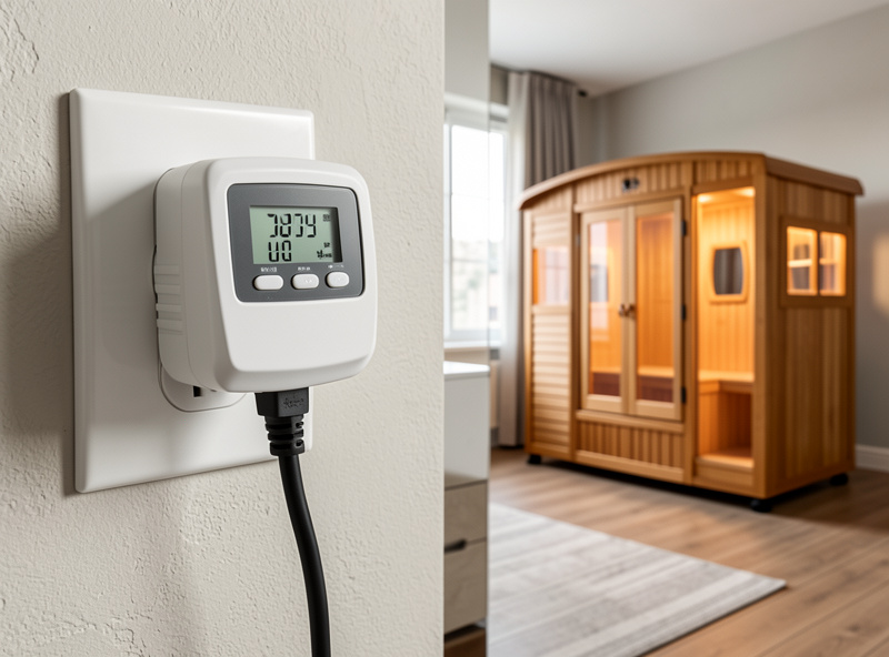 A plug-in energy meter showing wattage between the wall socket and a portable infrared sauna in an apartment