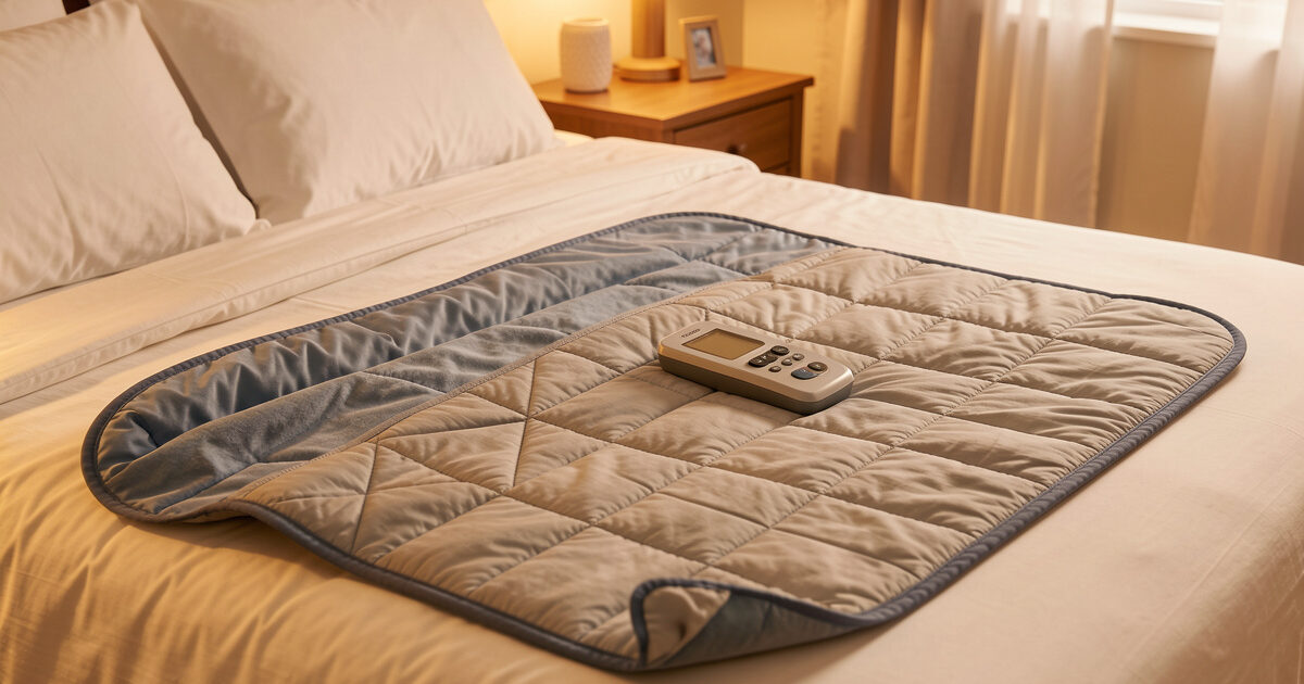Infrared sauna blanket laid open showing heating zones, inner liner, and controller