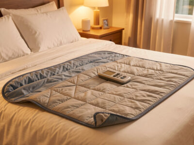 Infrared sauna blanket laid open showing heating zones, inner liner, and controller