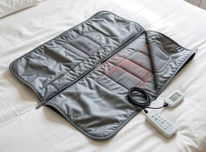 An infrared sauna blanket unzipped on a bed showing the inner liner, heating zones, and the controller with its cord