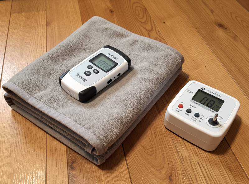 A TriField EMF meter resting on a folded infrared sauna blanket beside a plug-in power meter on a wooden floor