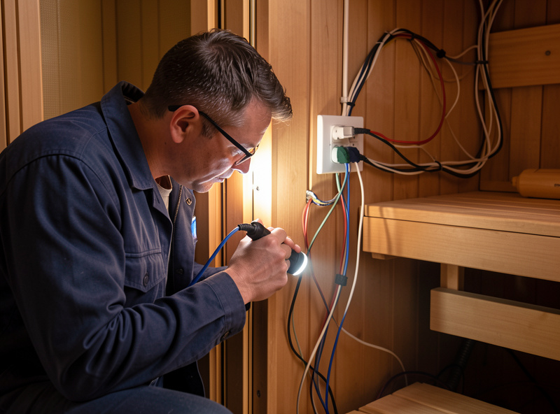 Electrician inspecting the supply wiring and outlet of an infrared sauna