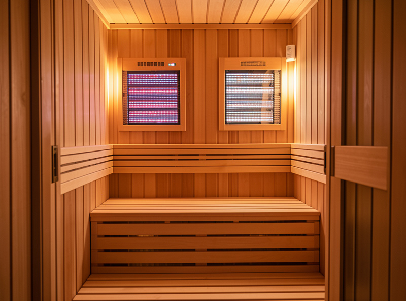 Interior of a two-person infrared sauna cabin with carbon heater panels visible on the back wall