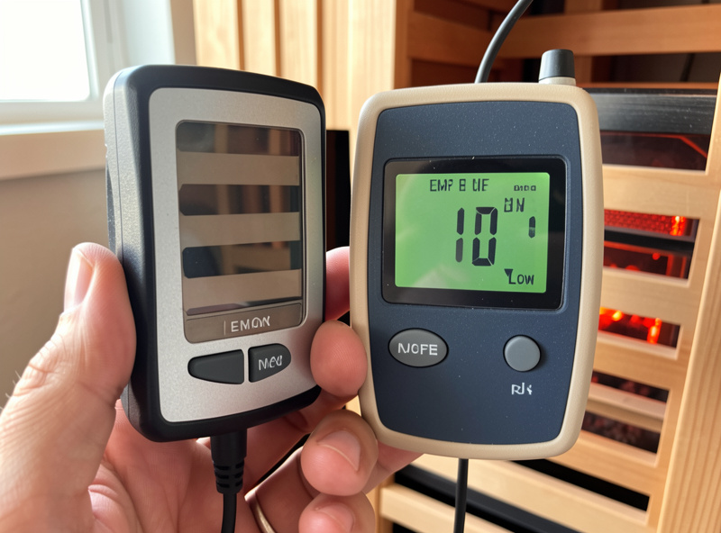 A TriField TF2 EMF meter held near an infrared sauna heater panel showing a low milligauss reading