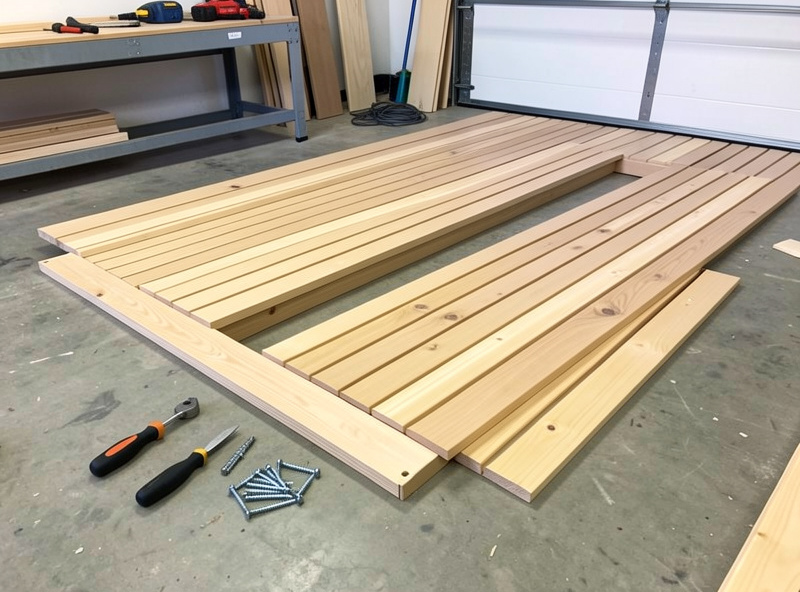 Flat-packed prefab infrared sauna panels laid out on a floor before assembly with hand tools