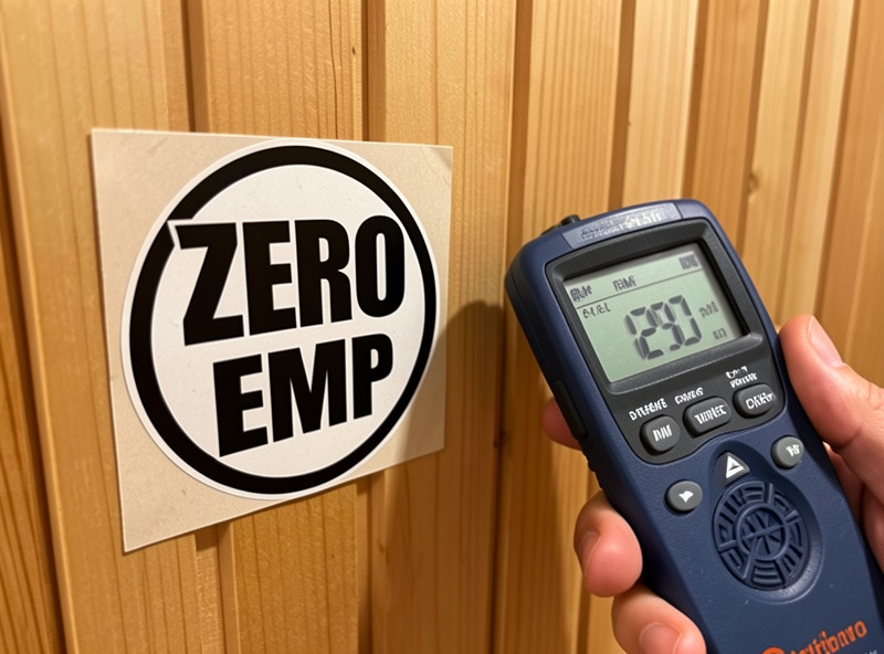 A zero EMF marketing sticker on an infrared sauna being checked against a handheld EMF meter