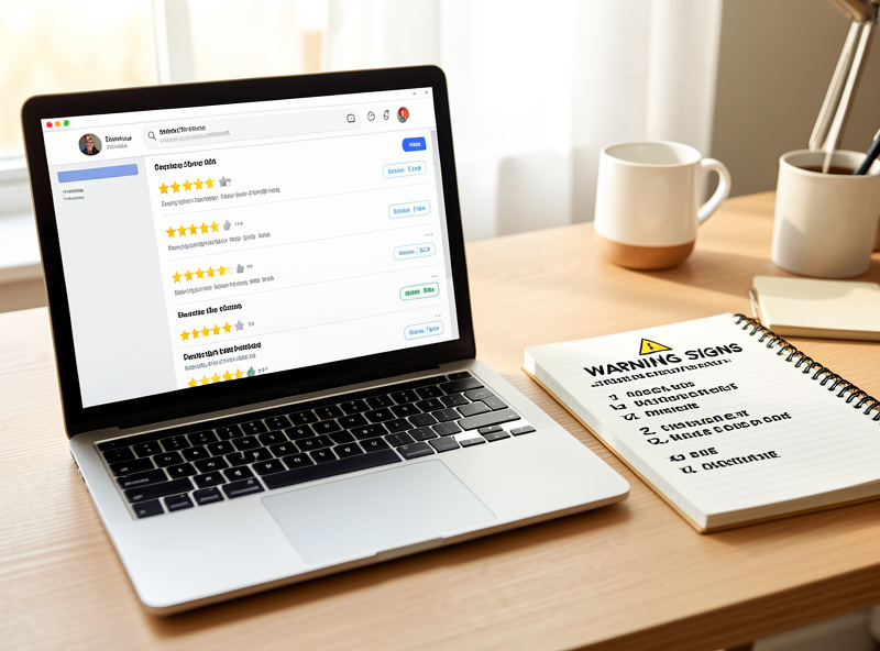 A laptop showing suspicious five-star sauna reviews next to a notebook of red flags