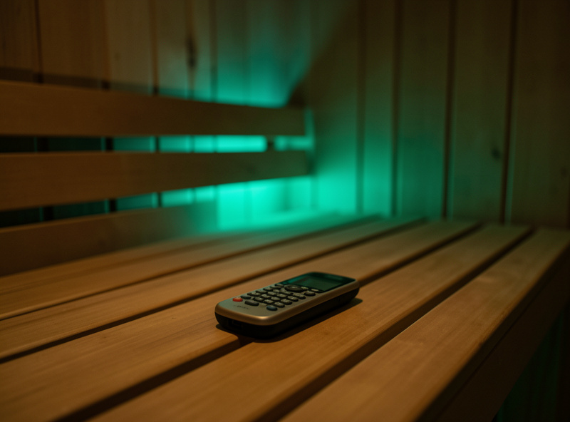Remote control on a hemlock sauna bench with teal-green chromotherapy light glowing in the cabin