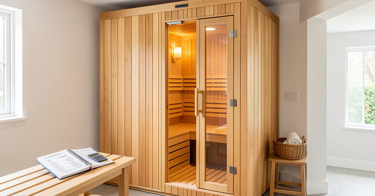 Home infrared sauna cabin with a notebook and energy meter showing ownership cost breakdown