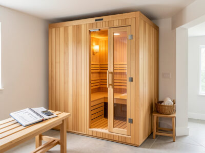 Home infrared sauna cabin with a notebook and energy meter showing ownership cost breakdown