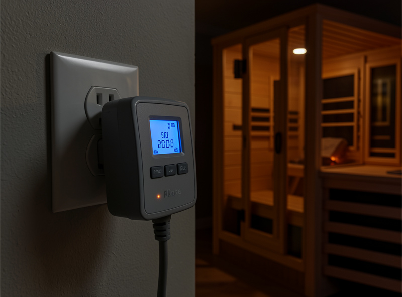 Plug-in energy meter reading the real kilowatt draw of an infrared sauna circuit